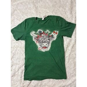Bella Canvas Christmas Highland Cow Graphic T-Shirt Green Heather Small